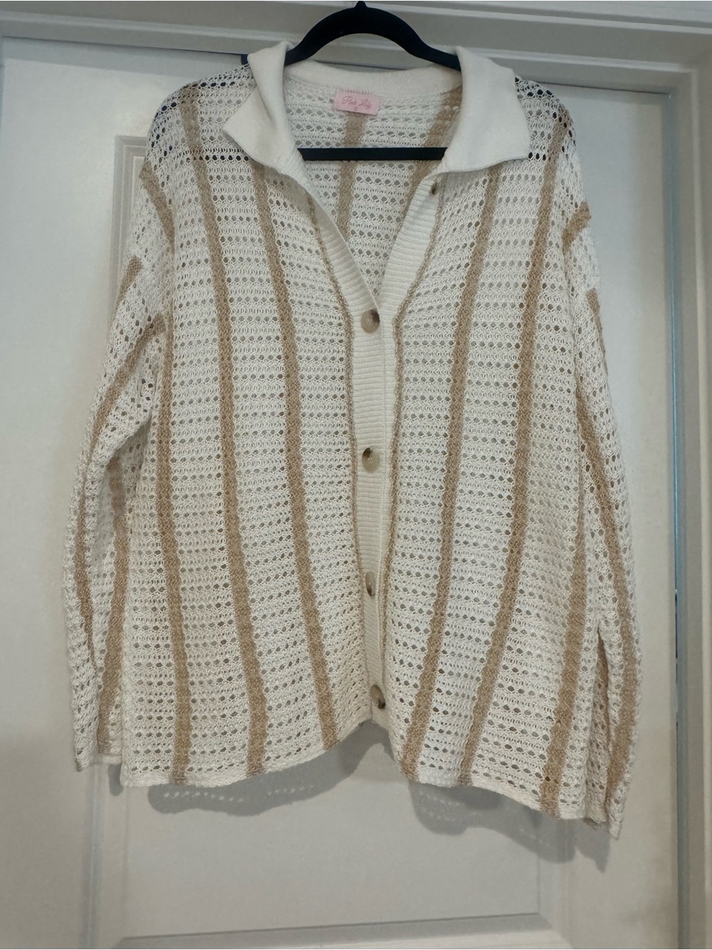 Pink Lily Cream and Tan Striped Open-Knit Cardigan
